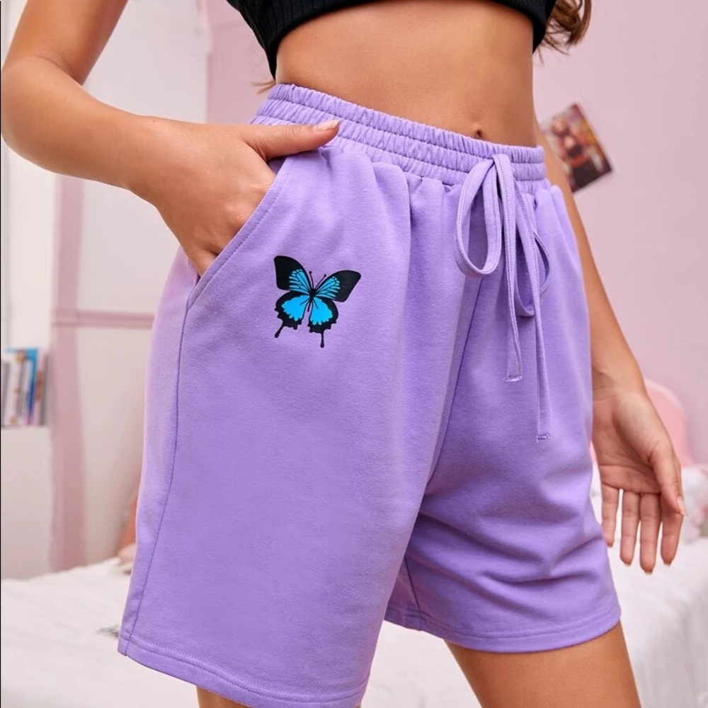 butterfly print tie waist slant pocket track shorts